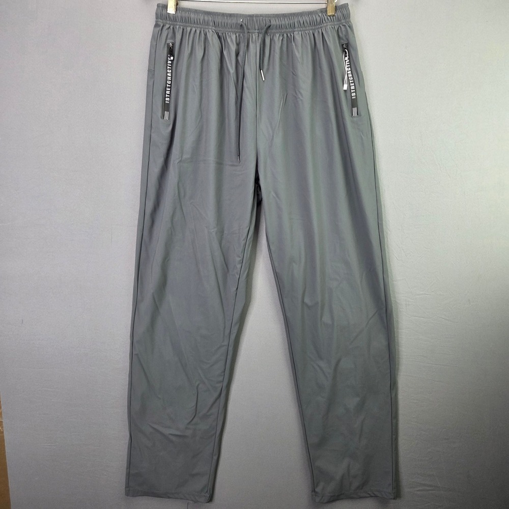 StretchActive Men Athletic Jogger Pants 2XL Long Gray Nylon Spandex Zip Pockets